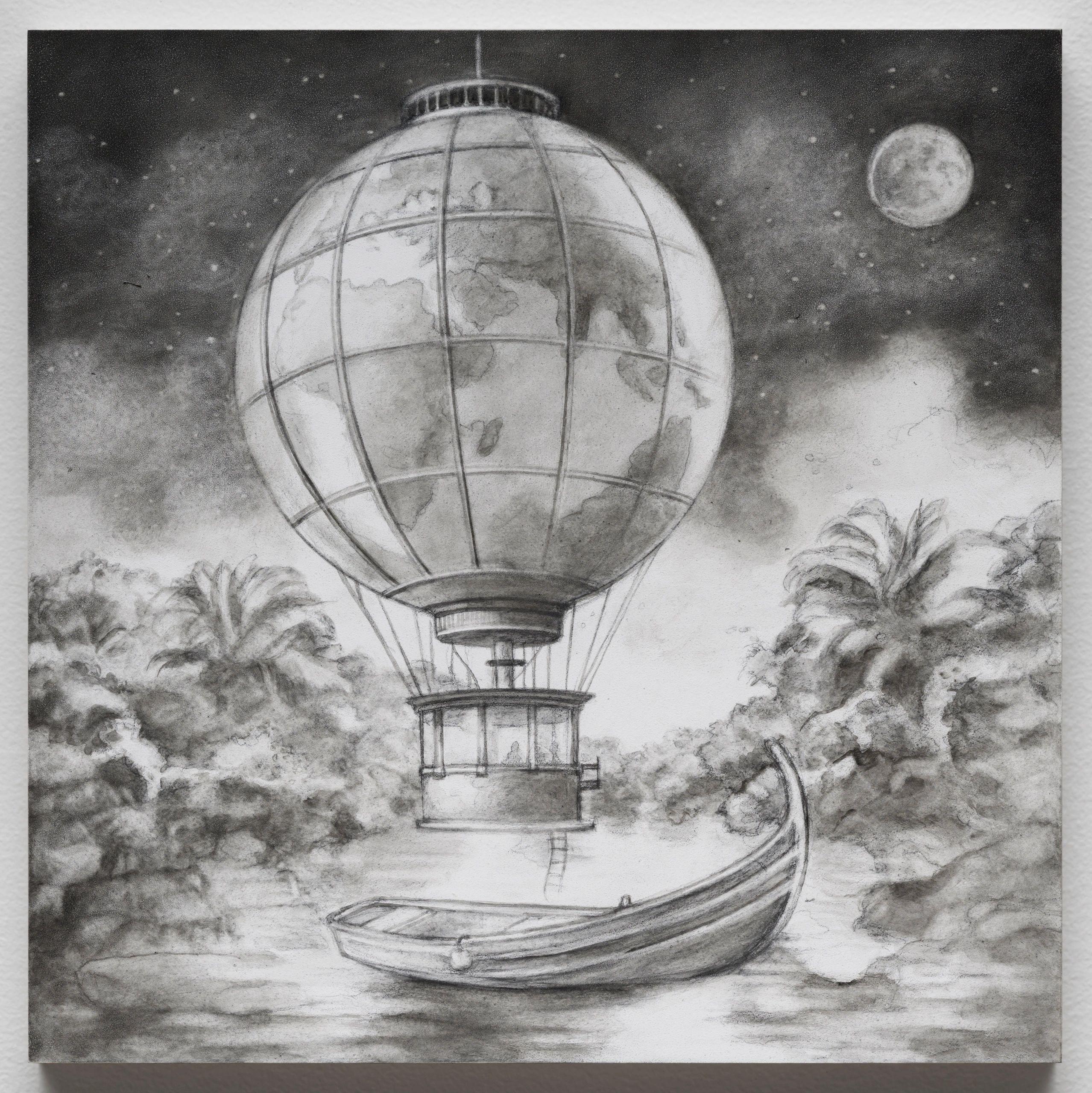 Pencil sketch of a hot air balloon shaped like Earth floating over water.