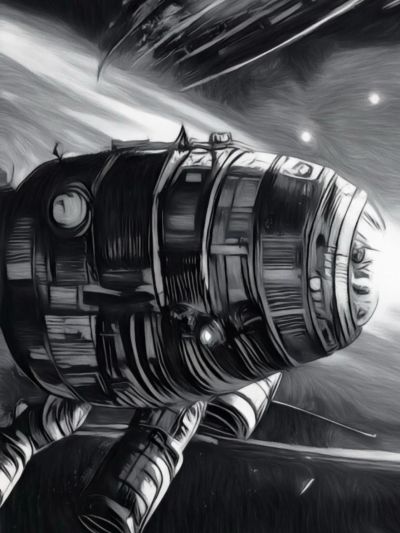 Black and white spacecraft close-up in space.