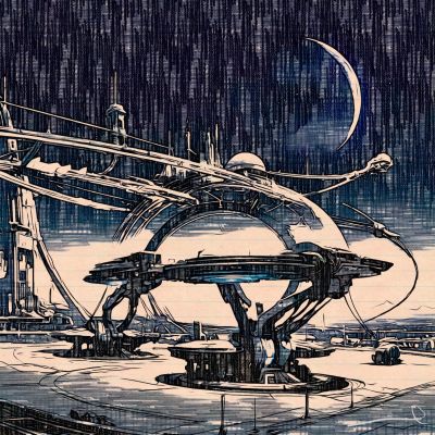 Futuristic space station with crescent moon.