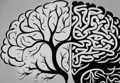 Artistic black and white brain illustration with intricate patterns.