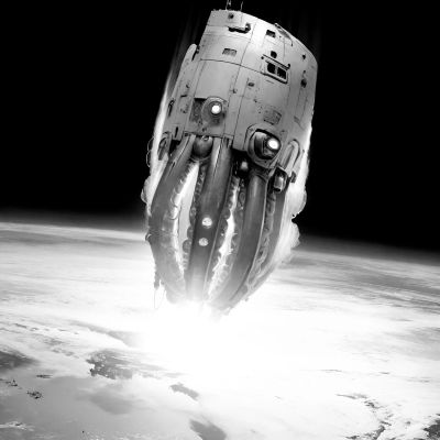 Spaceship with octopus tentacles re-entering atmosphere.