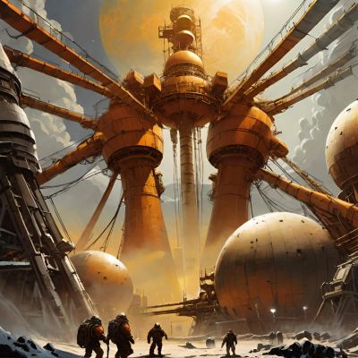 Futuristic structure with explorers on a barren planet.