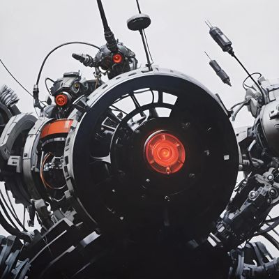 Close-up of a futuristic robotic machine with glowing red cores.