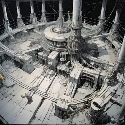 Futuristic, circular, industrial structure with cables and piping.