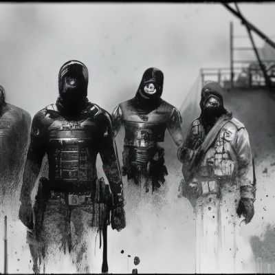 Mysterious armed figures in dark armor with covered faces.