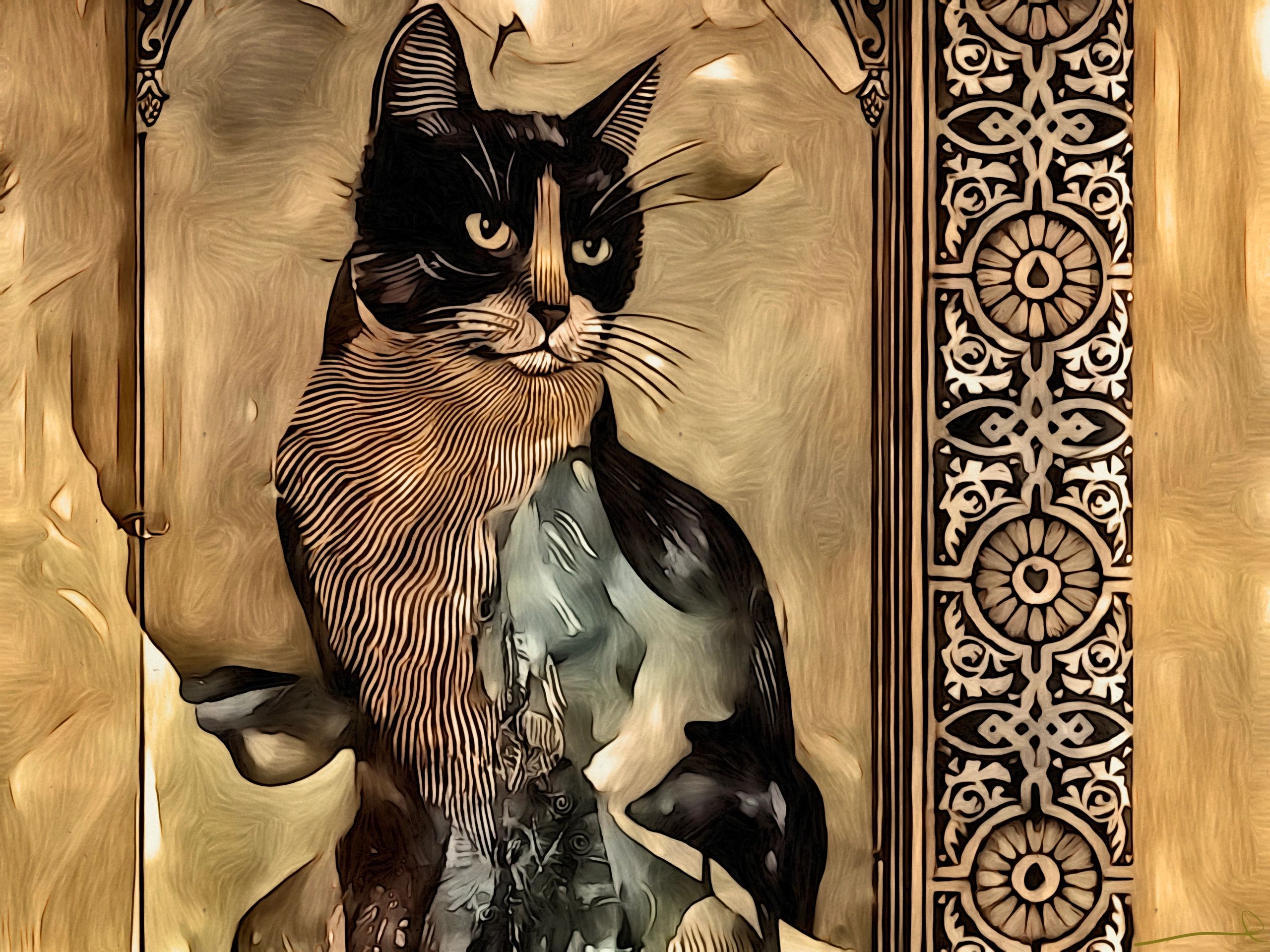 Artistic depiction of a cat with intricate patterns.