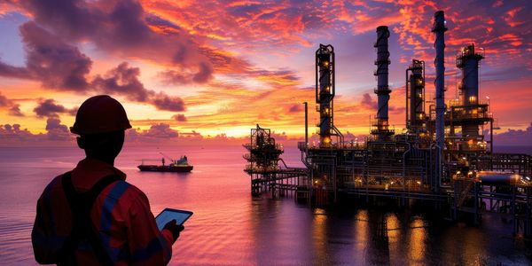 Worker overlooking an offshore oil rig at sunset with vibrant sky colors.
