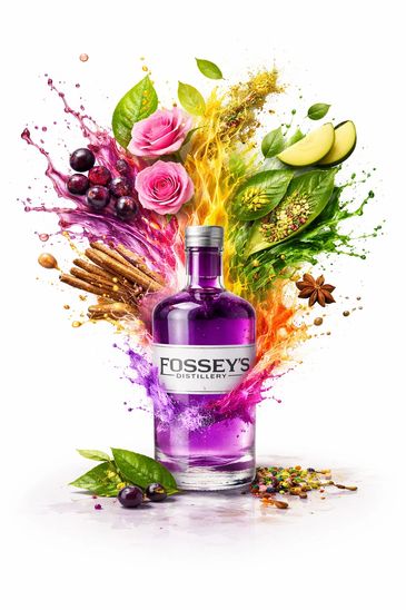 Vibrant purple bottle with colorful splashes, flowers, spices, and fruits exploding around it.