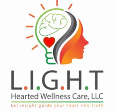 Logo of L.I.G.H.T Hearted Wellness Care with brain, heart, and human profile.