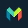 Colorful geometric M-shaped logo on dark background.