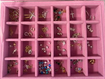 Pink jewelry organizer with various earring pairs.