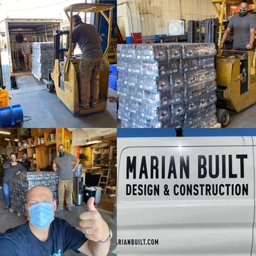 Ryan Dwyer and Fine Dine Front Lines accepting Essentia water Donation at Marian Built in Ballard Wa