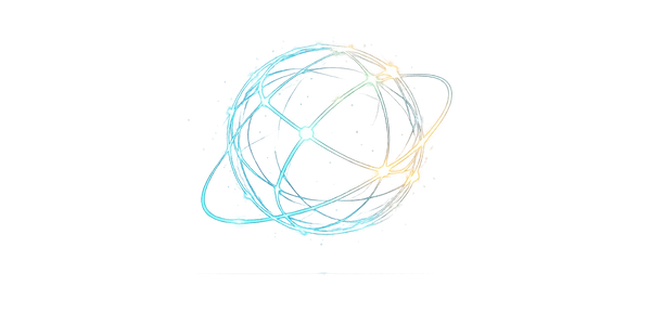 Glowing digital sphere with interconnected blue and orange light paths.