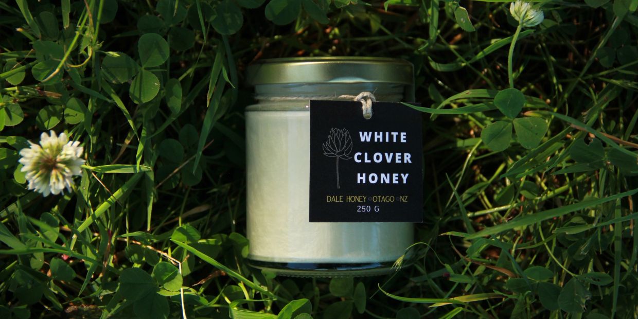 A jar of white clover honey in grass.