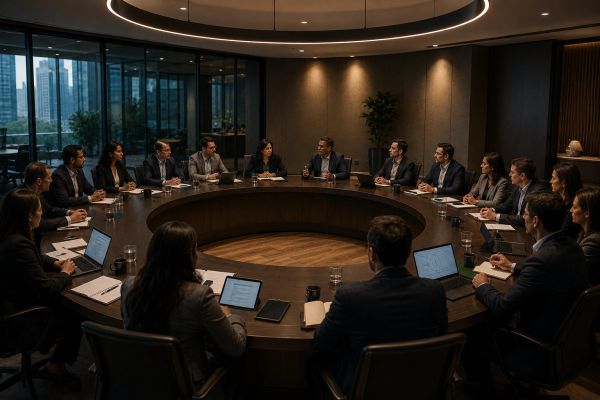 Business meeting around a circular table in a modern office.