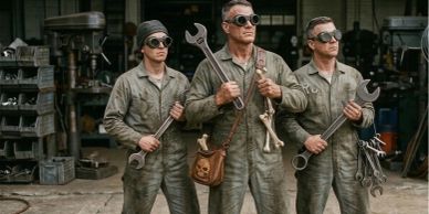 Three mechanics in goggles holding large wrenches.