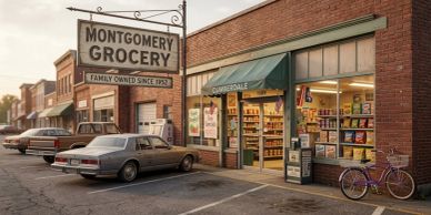 A vintage grocery store with classic cars parked outside.