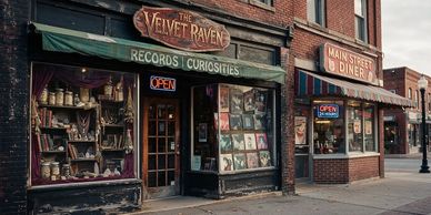 Vintage storefronts include a record shop and a diner.