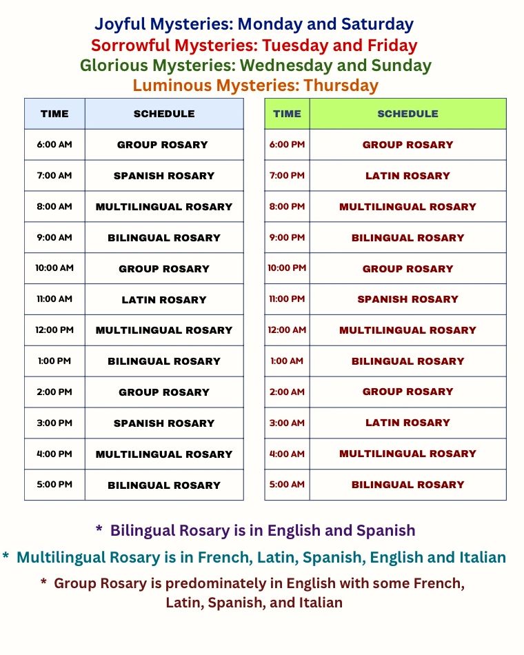 Rosary schedule for different mysteries throughout the day.