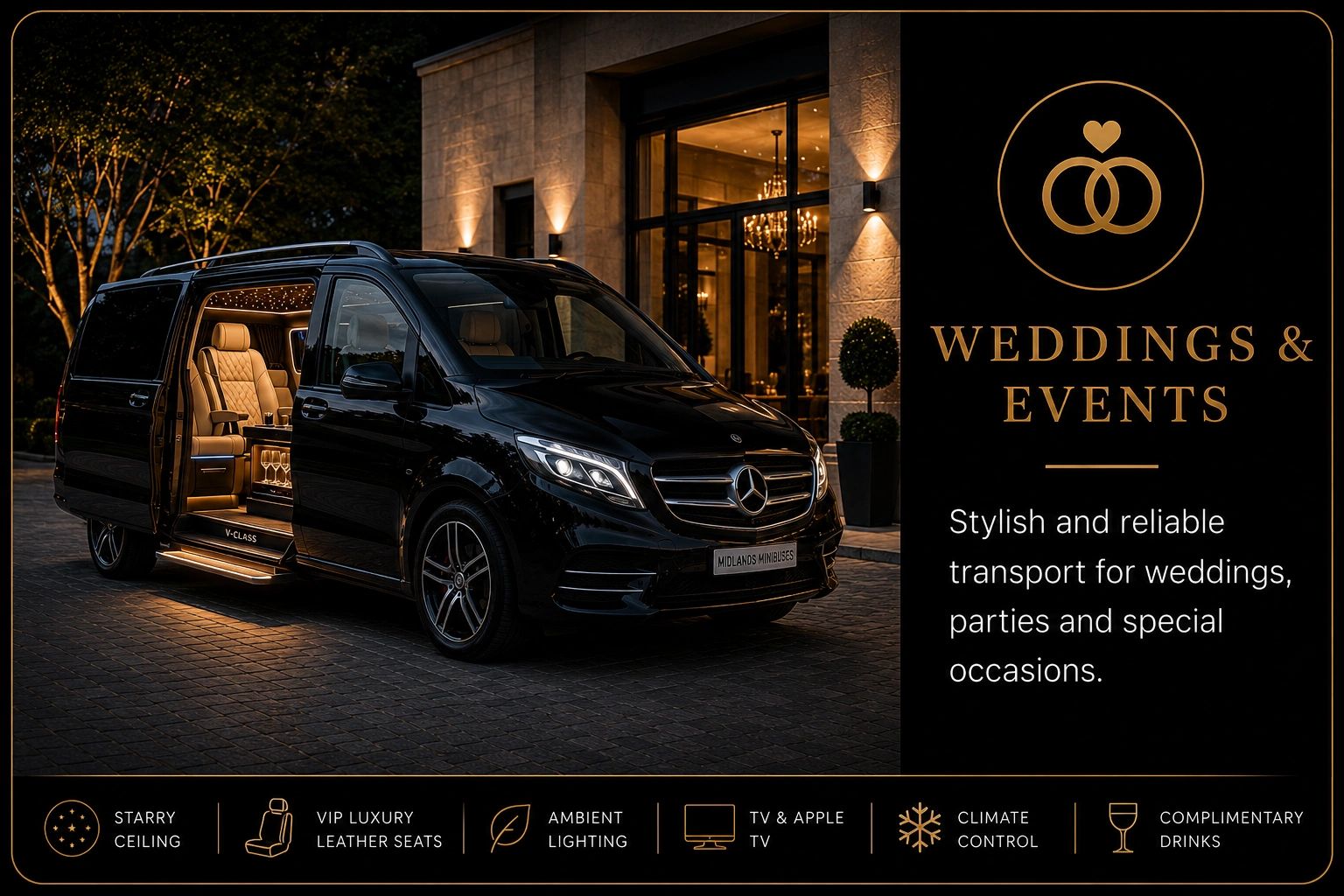 Luxurious black Mercedes minibus with ambient lighting, perfect for weddings and special events.