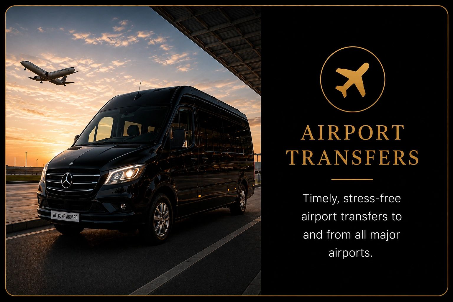 Black Mercedes van at sunset offering airport transfers with a plane in the sky.