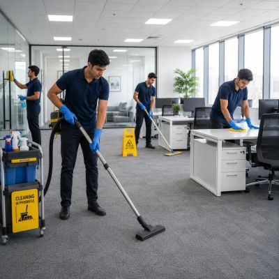 Janitorial staff cleaning a modern office.