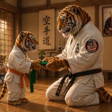 Tiger parent awarding a belt to tiger cub in a dojo.