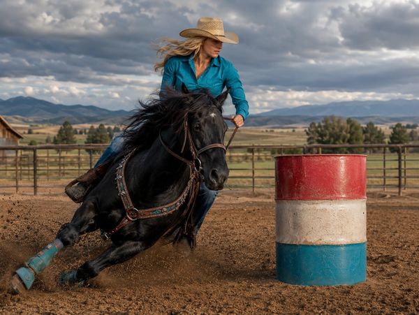 Woman barrel racing on a black horse around a red, white, and blue barrel.