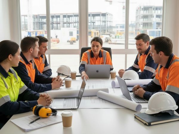 Construction team in safety gear discussing plans around a table.