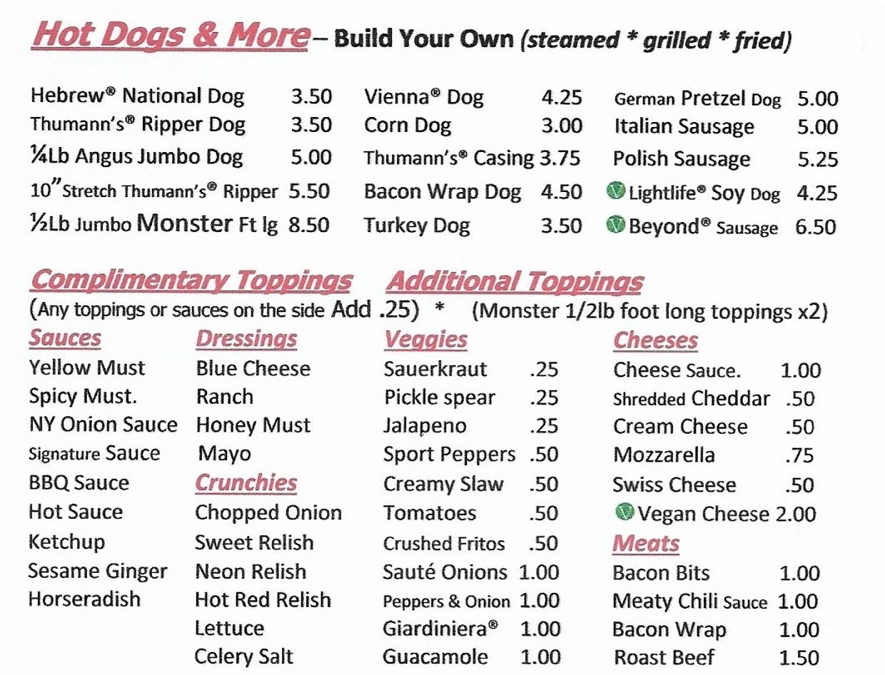Menu for building custom hot dogs with various meats, toppings, and sauces.