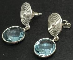 Blue topaz chequerboard faceted oval drop earrings solid Sterling Silver
