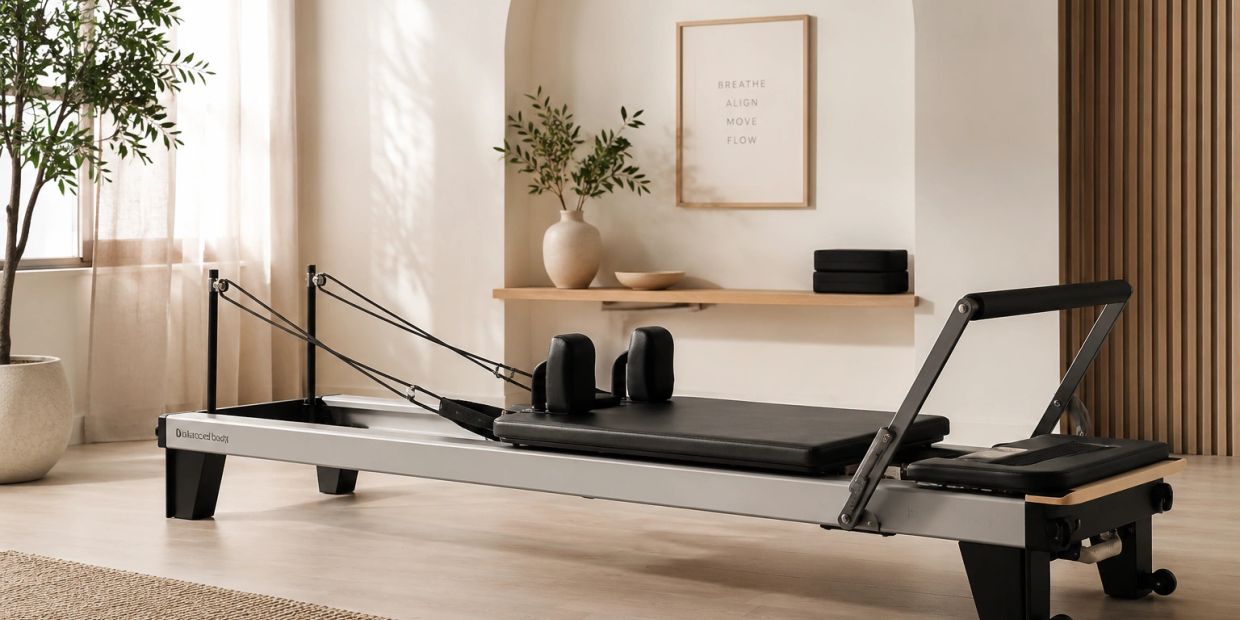 Pilates reformer machine in a bright, modern room.
