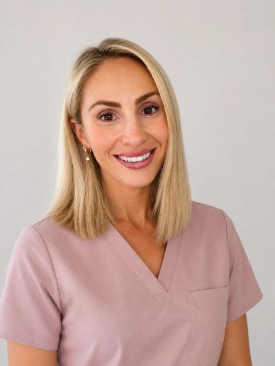 Smiling woman in pink medical scrubs against a neutral background.