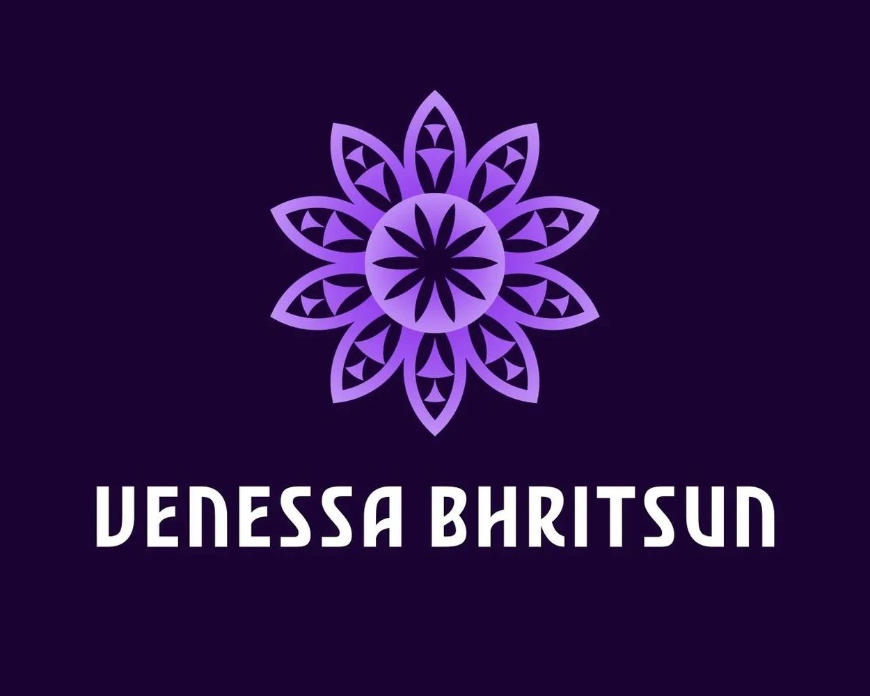 A purple floral mandala logo with the text 'Venessa Bhritsun' on a dark background.