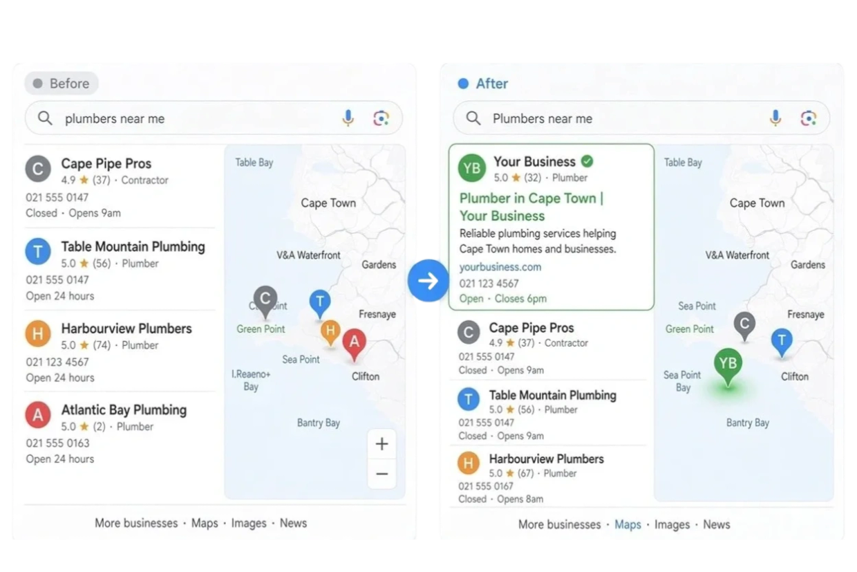 Comparison of local plumber search results before and after optimization.