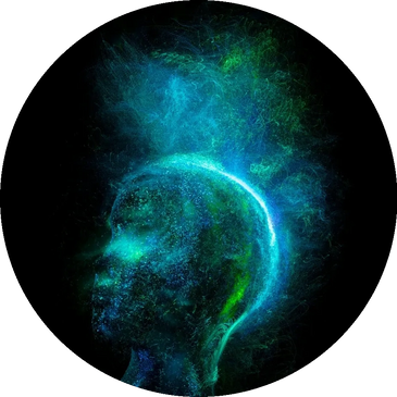 Head looking to one side made from blue and green swirling particles. Represents mind healing. 
