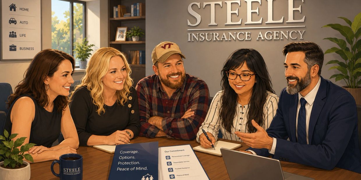 Team meeting at Steele Insurance Agency discussing coverage options.