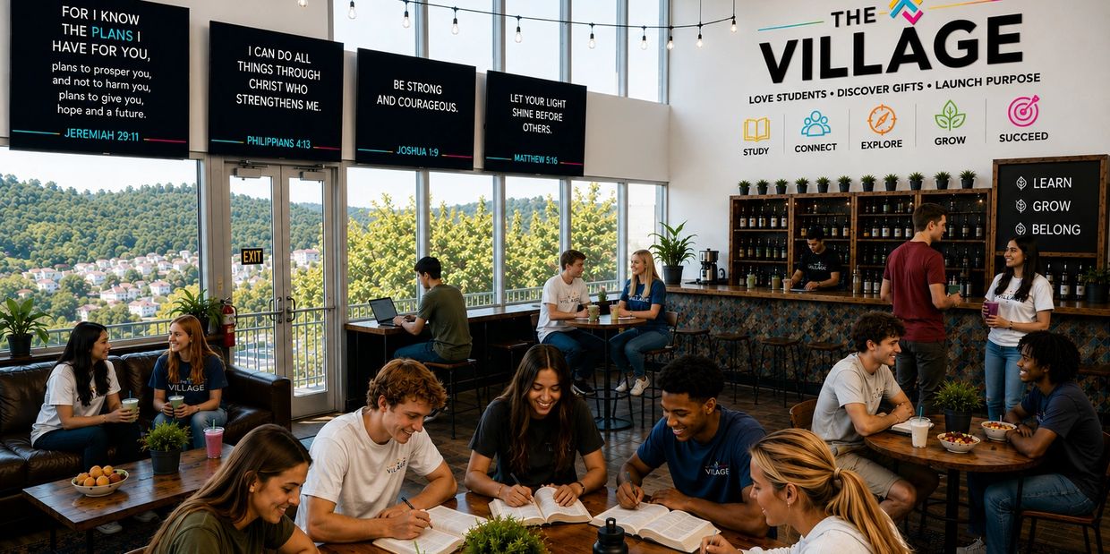 Students studying and socializing in a vibrant community space called The Village.