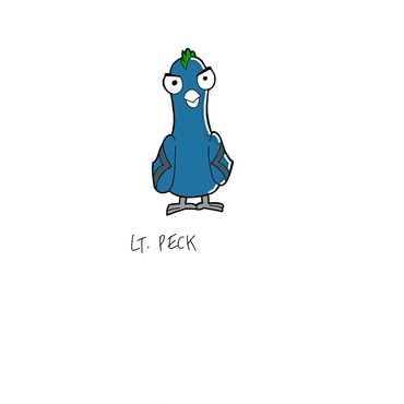 Cartoon blue bird named Lt. Peck with an intense expression.