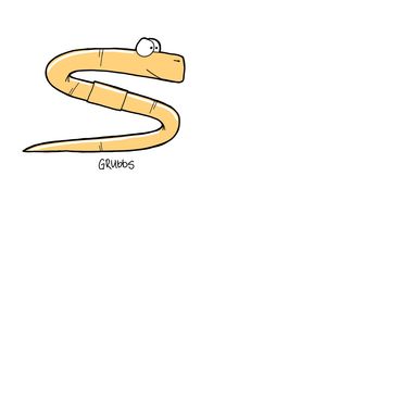 Cartoon worm with big eyes and a segmented body, drawn in a simple style.