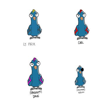 Four cartoon pigeons with unique colors and names.