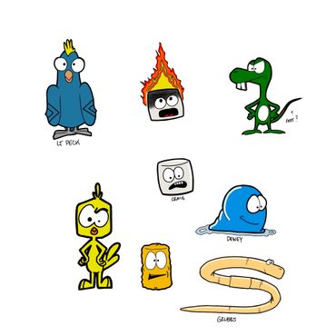 Cartoon characters including a blue bird, fiery cube, green dinosaur, yellow bird, marshmallows, a blue slug, and a worm.