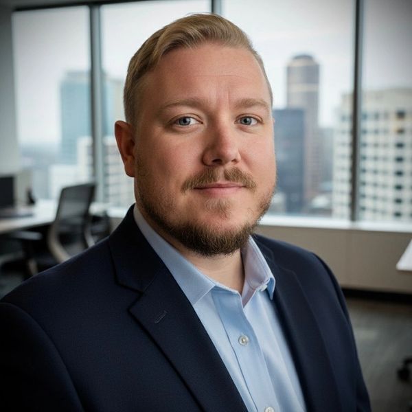 Professional man in business attire with cityscape background.