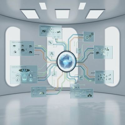 Futuristic digital interface displaying interconnected data charts and icons.