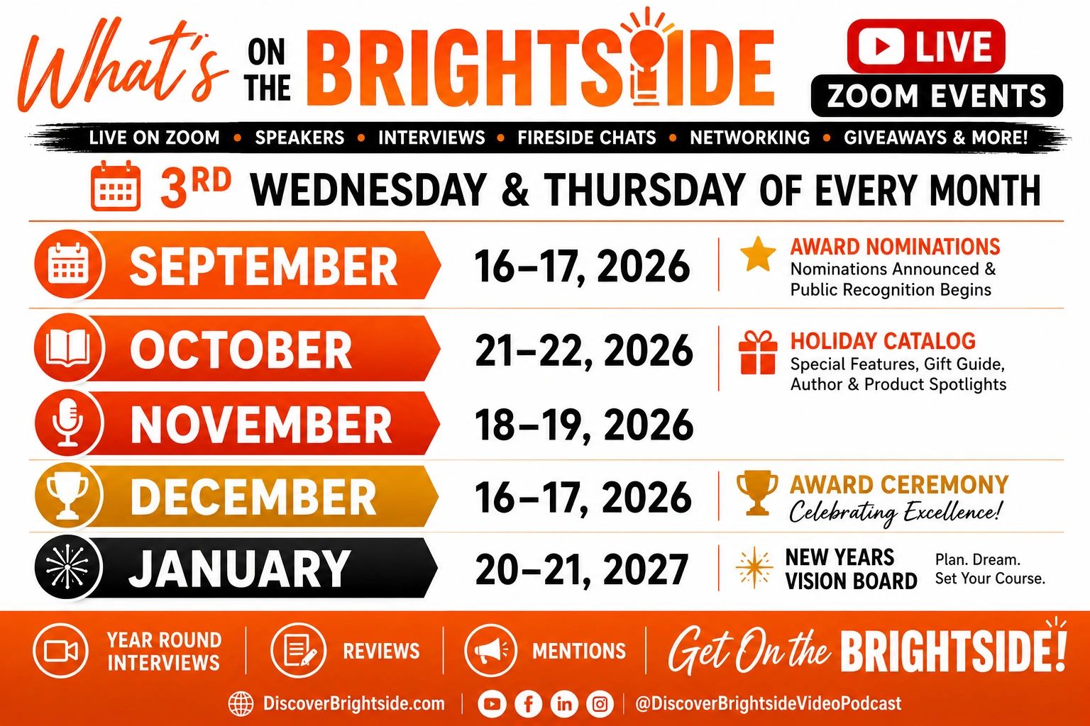 Schedule of Brightside live Zoom events from September 2026 to January 2027.