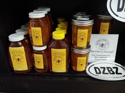 An array of premium quality raw, local honey on display at one of the many Moore County, NC outlets.
