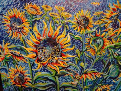Custom artwork by Jenay Jarvis. Sunflowers with honeybees.