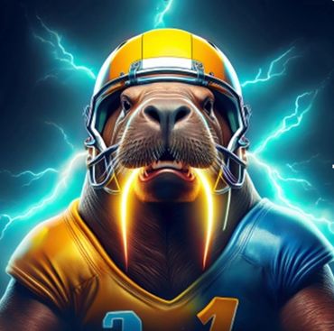 Walrus in football gear with a glowing background.