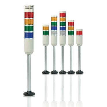 Various TOMAR industrial signal towers with multi-color LED lights on stands.