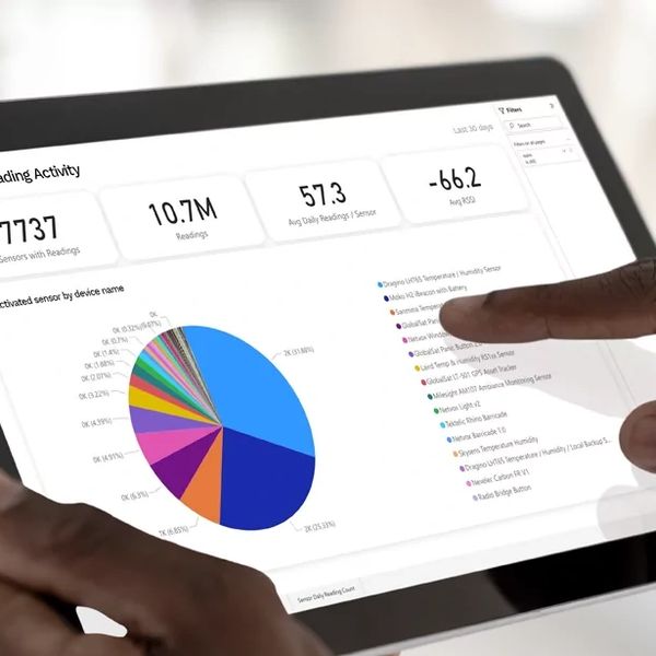 Person interacting with a tablet displaying sensor reading activity data and a pie chart.